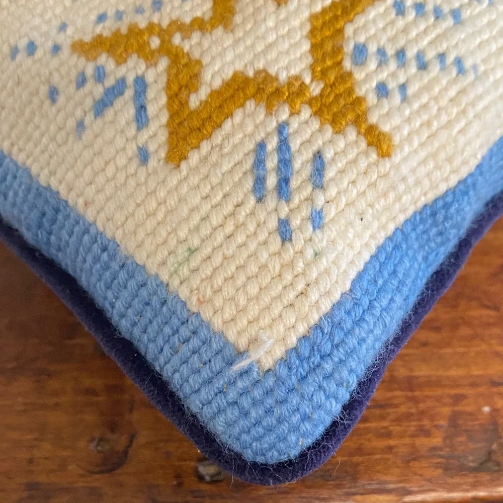 Unto Us a Child is Born Vintage Needlepoint Pillow with Blue and Gold Design